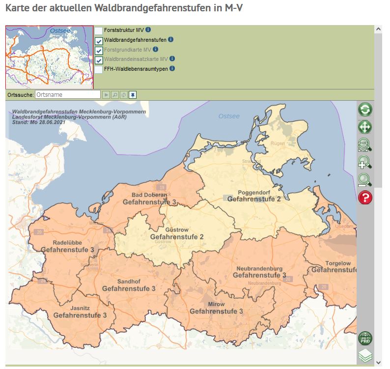 Karte der aktuellen Waldbrandgefahrenstufen in M-V Vorschau